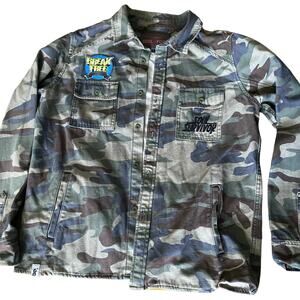 Soul Food Men’s Green Camo Print Patch Military Army Jacket Size Large